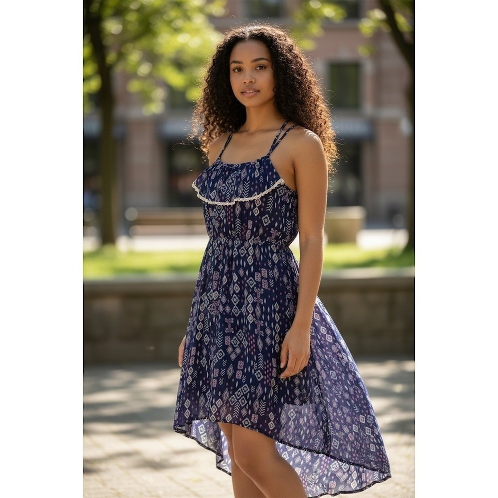 Sundress Womens XL Navy Blue Ikat Hi-Low Sleeveless‎ Lace Trim vacation resort